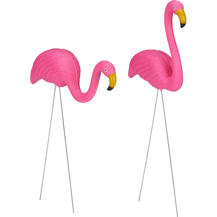 Relaxdays Flamingo Figur 2er Set, niedliche Gartendeko, tropisches Flair, Kunststoff, Metall, Dekofigur 2 Größen, pink – Bild 1