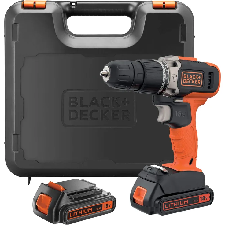 Black+Decker BCD003C2K-QW Hammerbohrer, 18 V, 21.000 ipm, inkl. 2 Lithium-Batterien, 1,3 Ah und Koffer