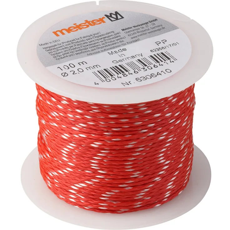 Meister Maurerschnur rot-weiß - 100 m Länge - Ø 2,0 mm - Polypropylen geflochten - Knotenfest - Reißfest & Belastbar - Auf Spule - Richtschnur - Bauschnur - Lotschnur - Pflasterschnur - 6306410