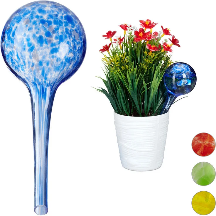Bewässerungskugel 2er Set, dosierte Bewässerung Pflanzen u. Blumen, Gießhilfe Büro, Urlaub, Ø 6 cm, Glas, blau – Bild 1