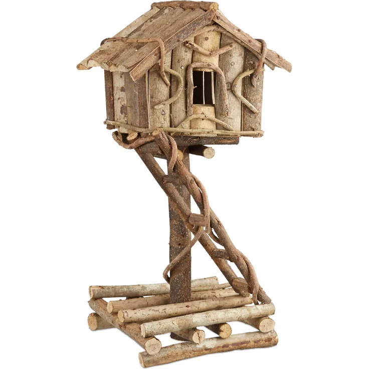 Relaxdays Vogelhaus stehend, unbehandeltes Deko Vogelhäuschen auf Ständer, handgemachtes Holzhaus mit Leiter, Natur