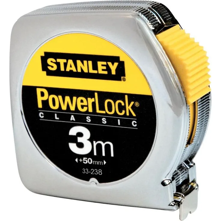 Stanley Bandmass Powerlock (3 m Länge, 12,7 mm Bandmassbreite, verchromtes Metallgehäuse, Gürtelclip) 0-33-218