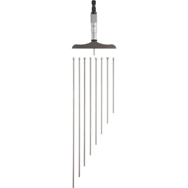 Starrett 445MAZ-75RL Tiefenmessgerät, Ratschenanschlag, Kontermutter, Mikrometer-Typ, 0 75 mm Reichweite, 0,01 mm Skala, 75 mm Base, 3 Stäbe, -0,002 mm Genauigkeit.