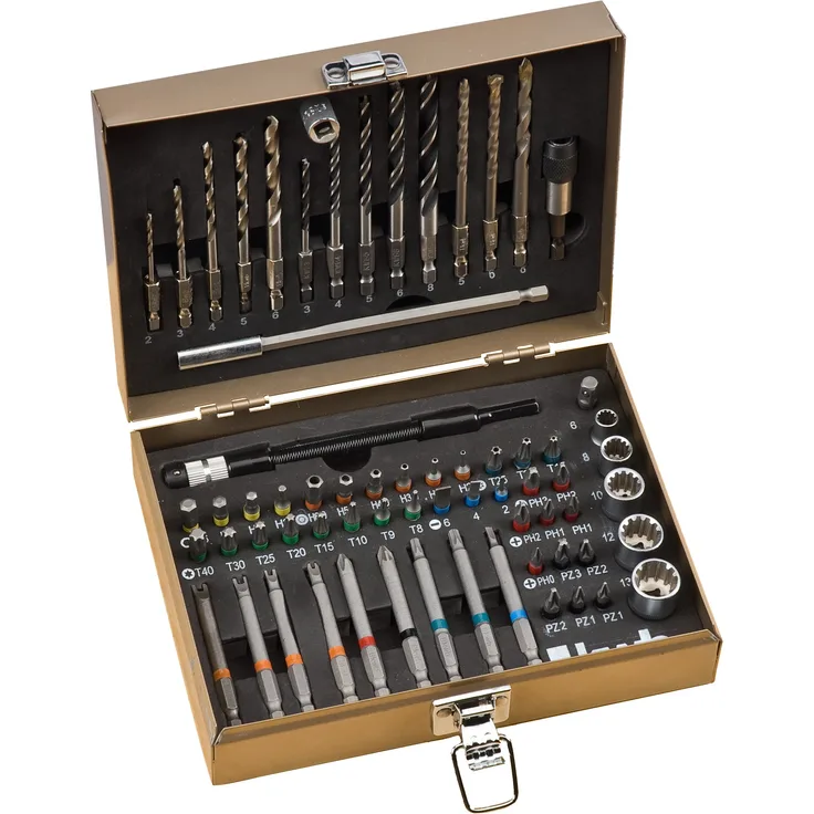 kwb Max-Box 67-tlg. Bohrer- und Bit-Set, bestehend aus Bits, Bohrern, Langbits, Stecknüssen, Stein-Bohrer & Holz-Bohrer in einem stabilen Metall-Koffer