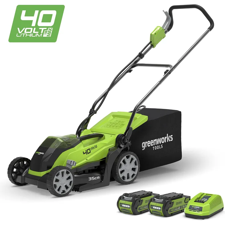 Greenworks Akku-Rasenmäher G40LM35K2X - Li-Ion 40V 35cm Schnittbreite bis zu 500m² 2in1 Mulchen und Mähen 40l Grasfangkorb 5-fache zentrale Schnitthöhenverstellung inkl. 2 Akku 2 Ah und Ladegerät