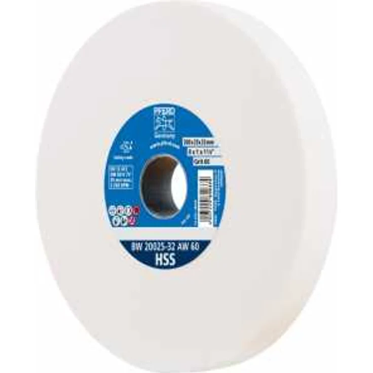 PFERD Schleifbockscheibe, 200x25x32mm, Ausführung HSS, Korngröße 60, Edelkorund weiß, 39008442 – Schleifscheibe für das Bearbeiten hochlegierter Stähle mit integrierten Reduzierhülsen (25-20-16mm) – Bild 1