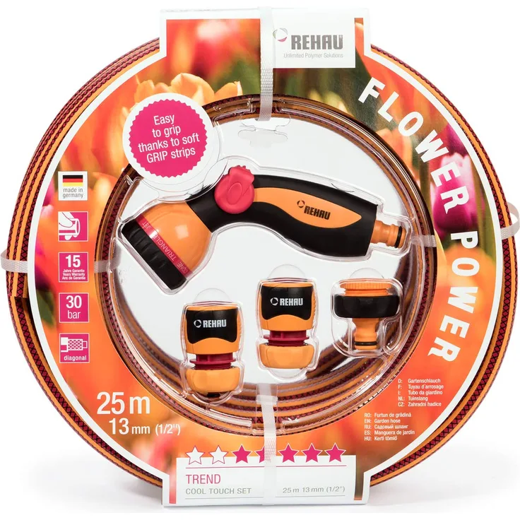 REHAU Gartenschlauch in trendigem Design Flower Power, besonders griffig, Set inkl. Gartenbrause + Anschlussteile, 13 mm (1/2 ) 25m