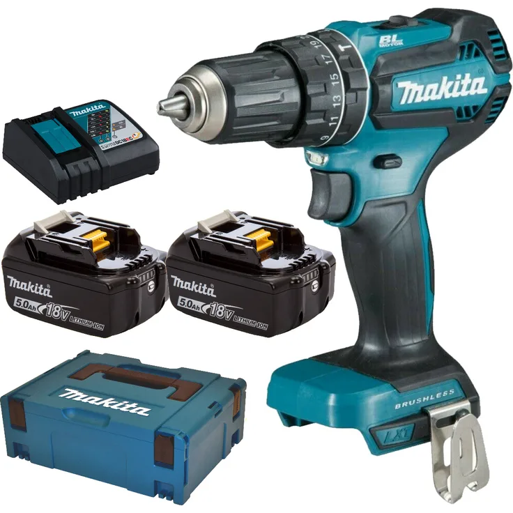 Makita DHP485RTJ Akku-Schlagbohrschrauber 18,0 V - 2x Akku 5,0 Ah mit Ladegerät und Makpac Gr. 2 Transportkoffer