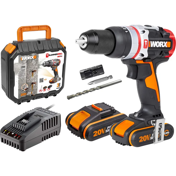 WORX WX354 Akku Schlagbohrhammer 20V Max SlammerDrill mit 2 Akkus, 20 V, Schwarz
