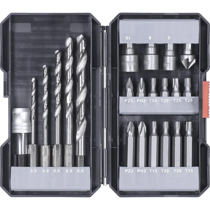 kwb 108805 22-teilige Bit und Bohrer-Box m. Sechkant-Schaft, 5 x HSS Metallbohrer und Bits PH, PZ u. Torx im Set inkl. Senker, Bit-Halter u. Steckschlüssel-Bits – Bild 1