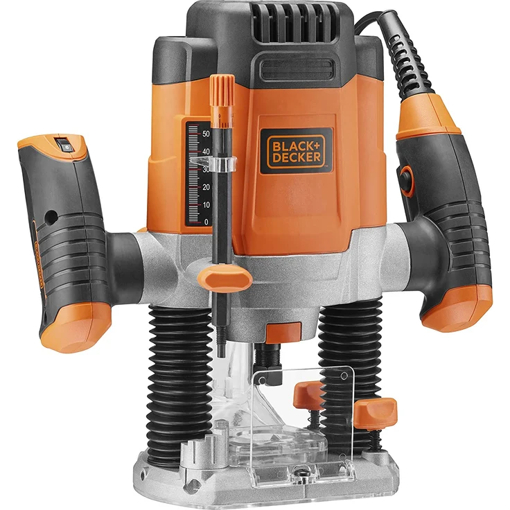 Black+Decker KW1200E 1200W Oberfräse, 28.000 1-min, max. Fäserdurchmesser 38 mm (inkl. 3 Spannzangen, Parallelanschlag, Zirkel, Staubabsaugevorrichtung, Kopierhülse (17 mm), 1200 W, 230 V, Orange – Bild 3