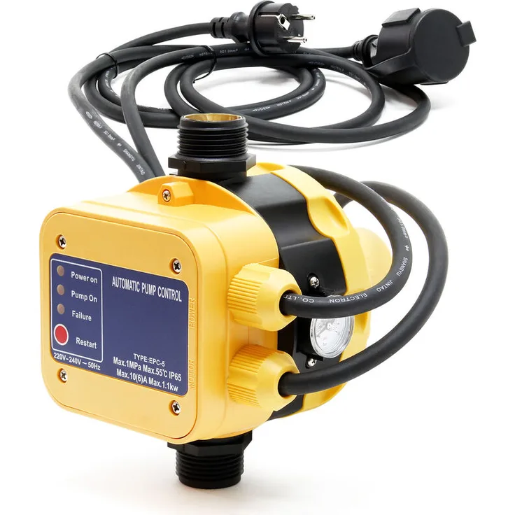 WilTec Druckschalter EPC-5 230V mit 2 Kabeln für Hauswasserwerke & Pumpen 1-phasig mit Trockenlaufschutz
