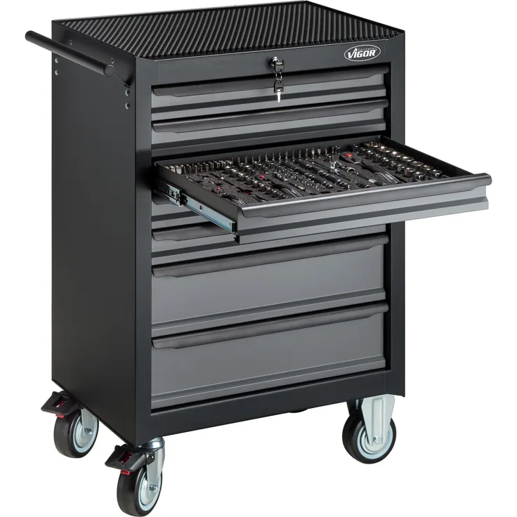 VIGOR Werkstattwagen mit Sortiment (164teilig, 7 Schubladen à 20 kg Tragkraft, insgesamt 400 kg Tragkraft) V2379N