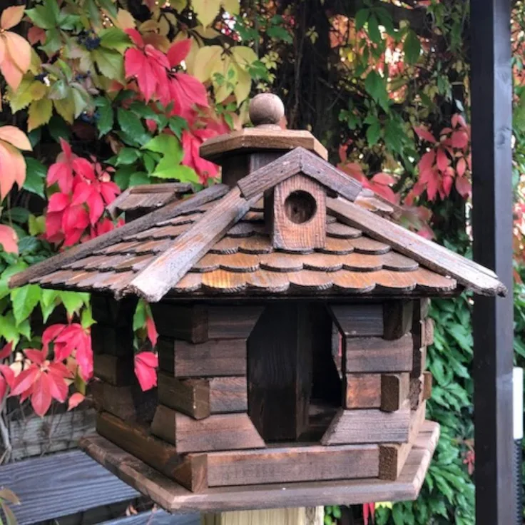 Vogel Futter Haus L Futterstelle Sechseck aus Holz Vogelhaus Dunkelbraun