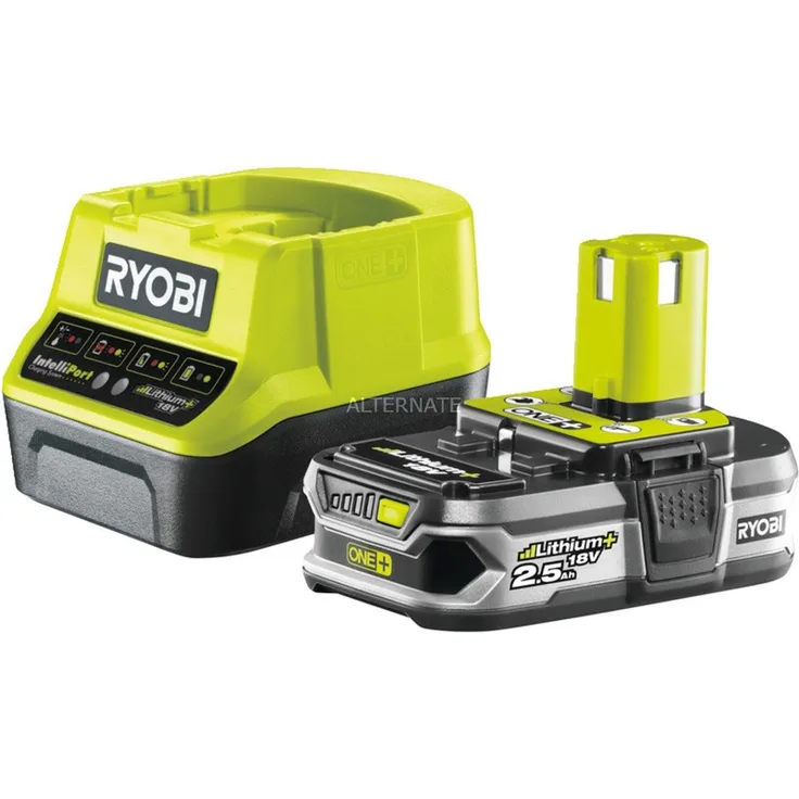 Ryobi Akku mit Schnelladegerät 18V, 2,5 Ah, ONE+, mit Überlastungsschutz und Ladezustandsanzeige, RC18120-125
