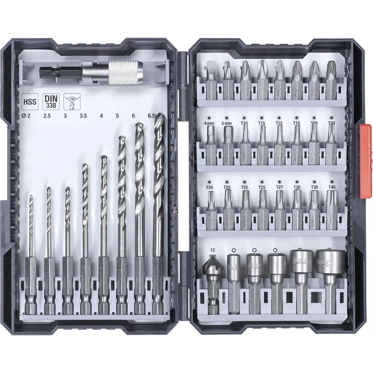 kwb 108910 L 39-teilige Bohrer-Box m. Sechkant-Schaft, 8 x HSS Metallbohrer und Bits PH, PZ u. Torx im Set inkl. Senker, Bithalter u. Steckschlüsselbits – Bild 1