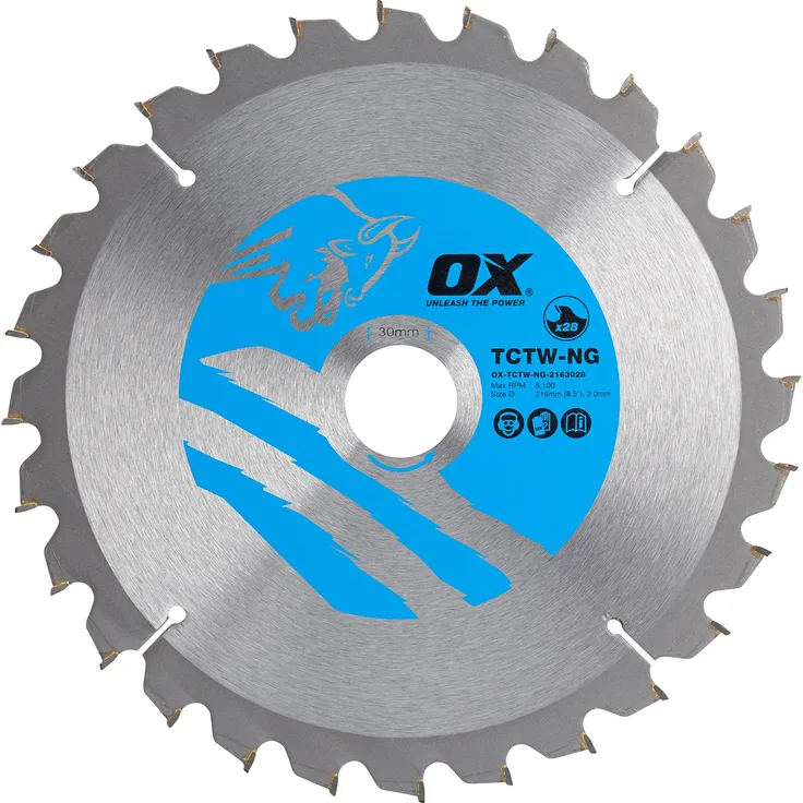 OX Tools OX-TCTW-NG-2163028 OX Wood Cutting Negative Rake Circular 216-30mm, 28 Teeth ATB Saw Blade, Silver-Blue, 216-30 mm