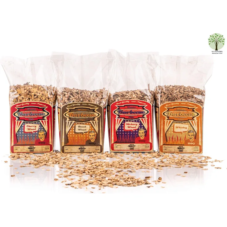 Axtschlag Räucherchips XXL 4er Set BBQ Favorites Wood Chips Buche, Hickory, Kirsche, Whiskey zum Grillen, Smoken, Räuchern für alle Grills 4 x 1000 g