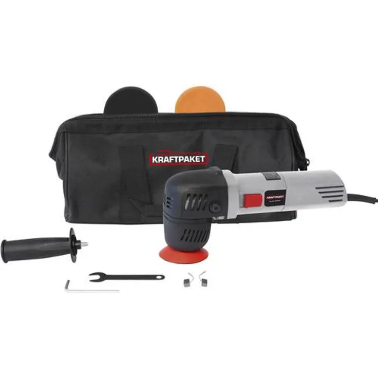 Dino KRAFTPAKET 640245 12mm-710W Exzenter Poliermaschine stufenlos im Set mit 74mm-Stützteller 2 x Polierpad-75mm Polierschwamm Tasche