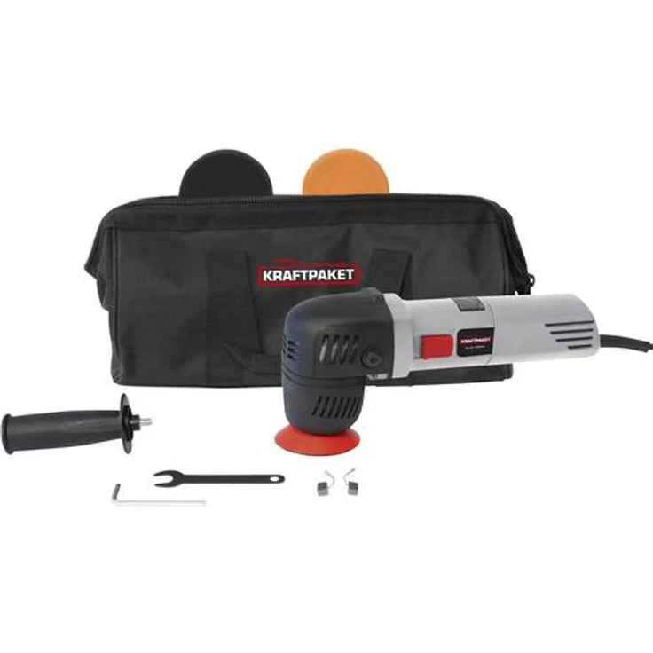 Dino KRAFTPAKET 640245 12mm-710W Exzenter Poliermaschine stufenlos im Set mit 74mm-Stützteller 2 x Polierpad-75mm Polierschwamm Tasche – Bild 1