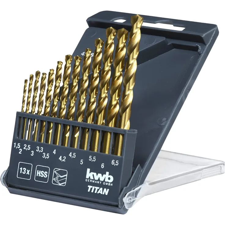 kwb KRAFTIXX HSS Spiralbohrer-Satz, Titan nitriert – Bohrer-Set, 13-teilig, Ø 1,5 bis 6,5 mm (Steigung 0,5 mm) sowie 3,2 und 4,8 mm