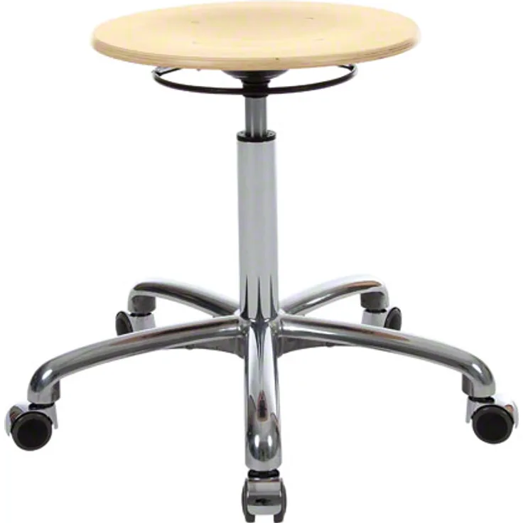 Drehhocker Exklusiv mit Holz-Sitzfläche und Rollen, Rollhocker Arbeitshocker