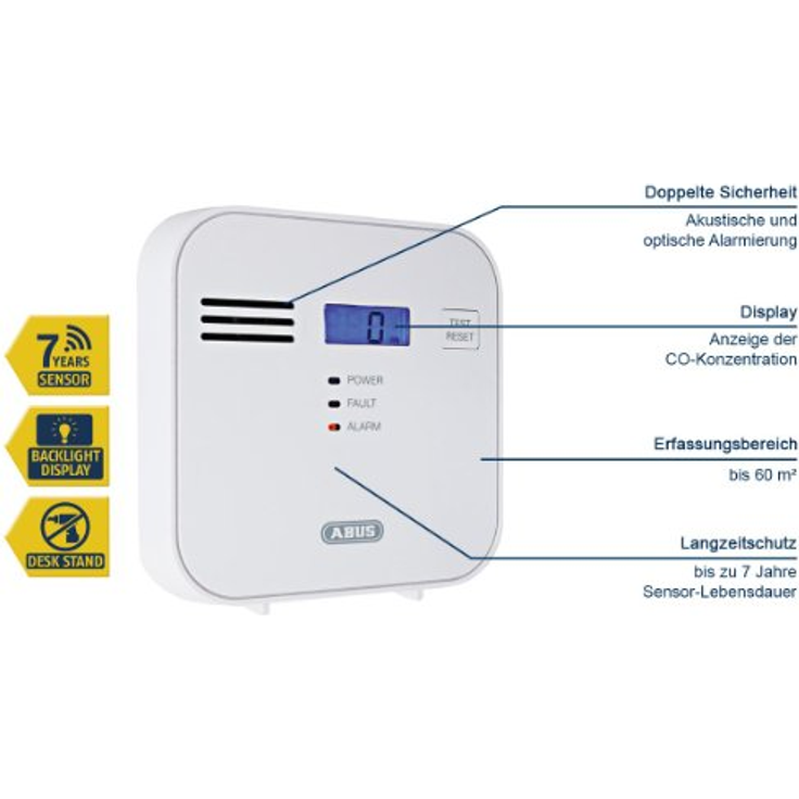 ABUS Kohlenmonoxid-Warnmelder COWM300 CO-Melder | LCD-Display inkl. CO-Konzentration | Prüftaste | bis 60 m² | weiß | 37241 – Bild 4
