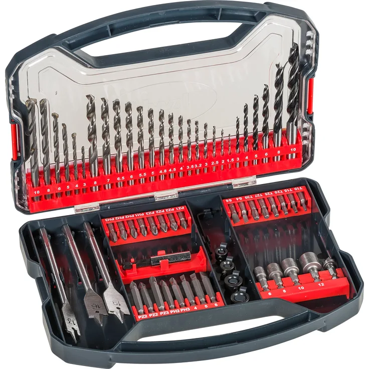 kwb Power-Box 62-tlg. Bohrer- und Bit-Set, bestehend aus Bits, Stecknüssen, Stein-Bohrer, Holz-Bohrer, Metall-Bohrer & Fräs-Bohrer in robuster Box mit Tragegriff
