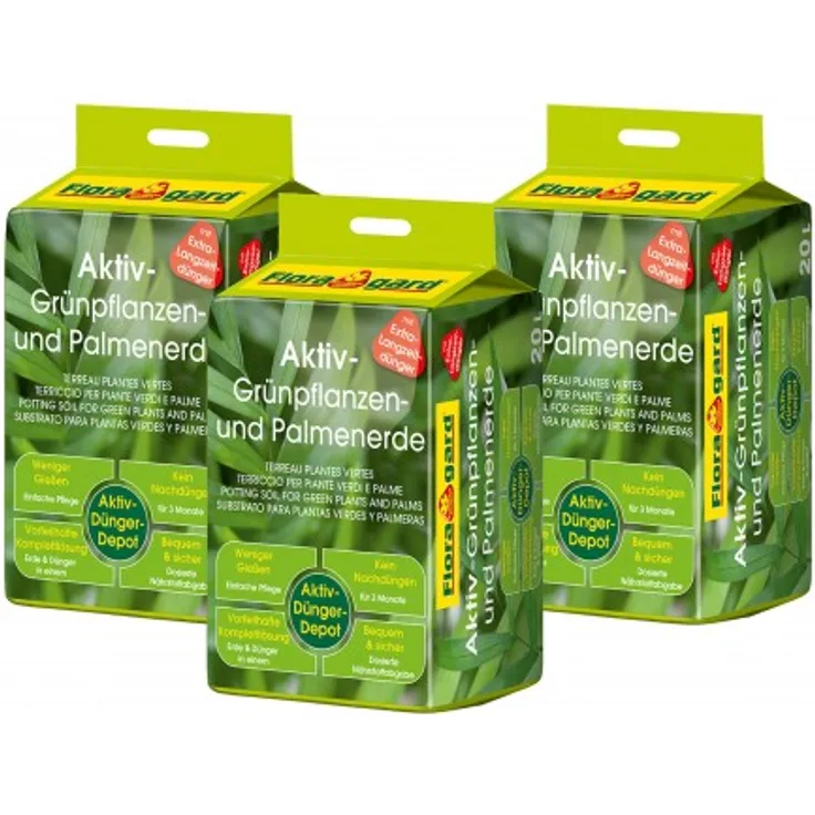 Floragard Aktiv Grünpflanzen- und Palmenerde 60 Liter (3 x 20 Liter)
