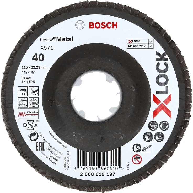 Bosch Professional gewinkelte Fächerschleifscheibe Best (für Metall, X-LOCK, X571, Ø115 mm, Körnung K40) – Bild 1