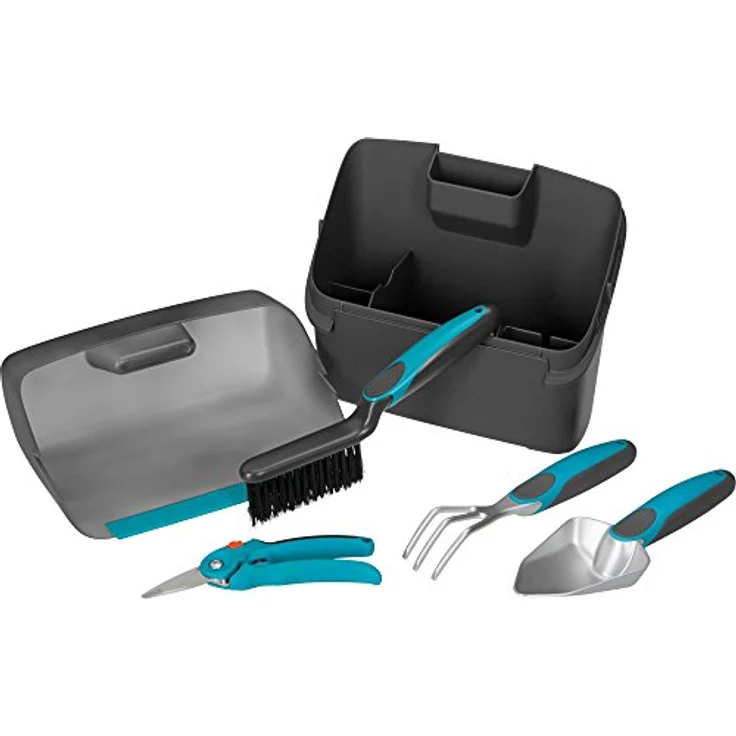 GARDENA city gardening Balkon-Box Kunststoffbox mit integrierter Kehrschaufel und 4-teiligem Garten-Set für Balkon- und Terrassengärtner, Pflanzenkelle, Grubber, Schere und Handbesen 8970-20 mittelgroß – Bild 1