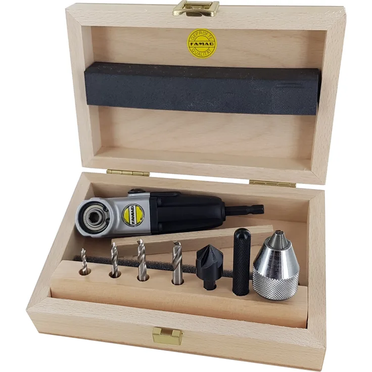 FAMAG 1598 Winkelschraubvorrichtung 90fix, Set Kompakt Holz mit Winkelschraubvorrichtung, Holzspiralb.-Bits Ø 3, 4, 5, 6 mm, Senker & Bohrfutter - 1598.757