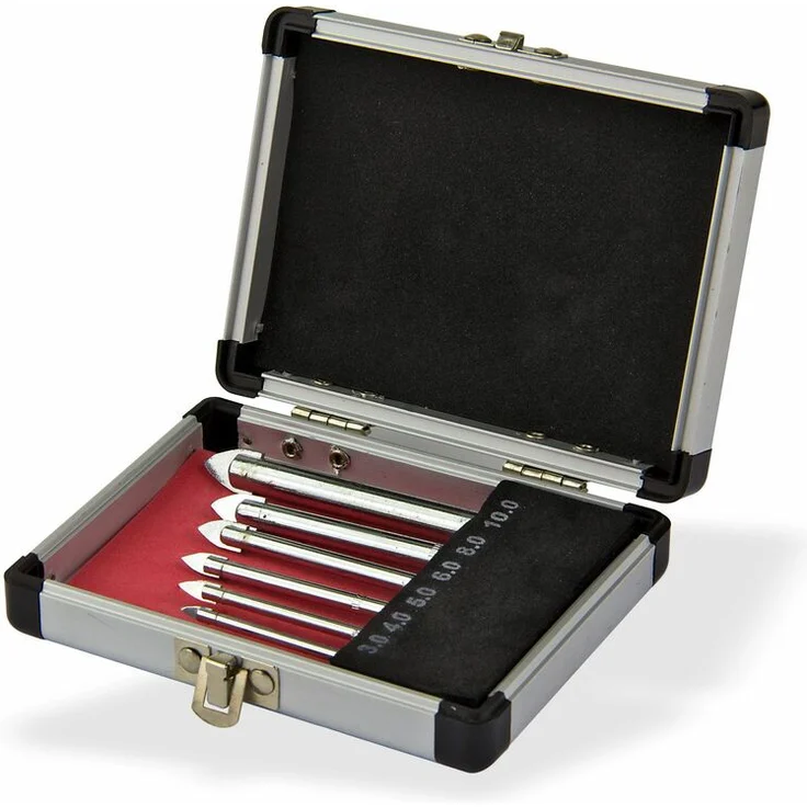 Glasbohrer Fliesenbohrer Set 6tlg. 3-4-5-6-8-10 mm Alukoffer Bohrer Satz