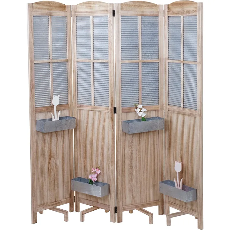 Paravent HWC-D26 Pflanzkörbe, Raumteiler Trennwand spanische Wand Sichtschutz, Holz Metall 170x161x29cm