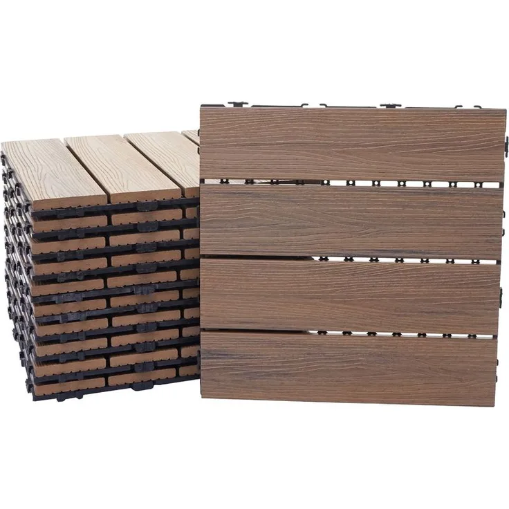 WPC Bodenfliese HHG-169, Holzoptik Balkon-Terrasse, 3D-Struktur linear 11x je 30x30cm 1qm, geprägt-braun