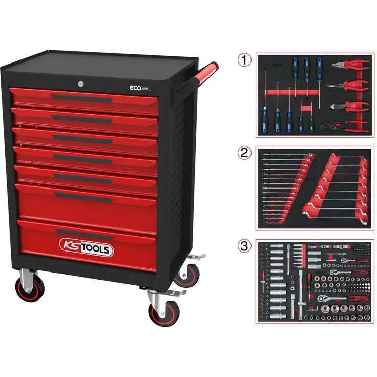 KS Tools 897.7215 SCHWARZ-ROT Ecoline Werkstattwagen mit 7 Schubladen und 215 Premium-Werkzeugen