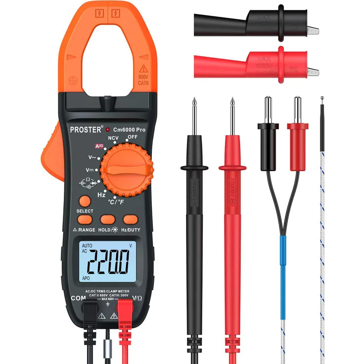 Proster Klemmmessgerät LCD Auto Ranging TRMS NCV AC-DC Strom Volt Ohm Tester Durchgangskapazität Widerstand Frequenz Diode Hz Test, gelb, 1
