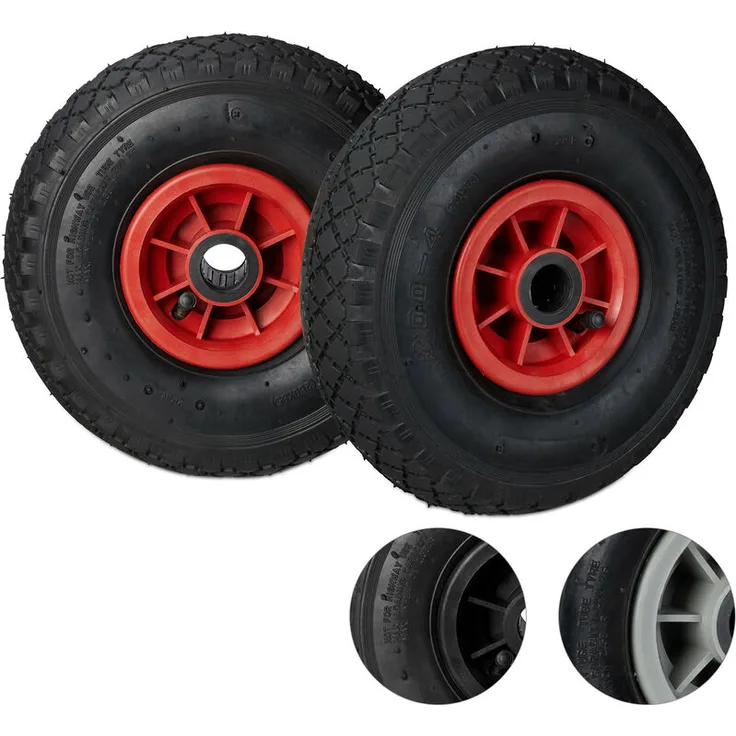 2er Set Sackkarrenrad, 3.00-4, luftbereift, Ersatzrad mit Kunststofffelge, 260x85mm, Ø Achse 25mm, schwarz-rot