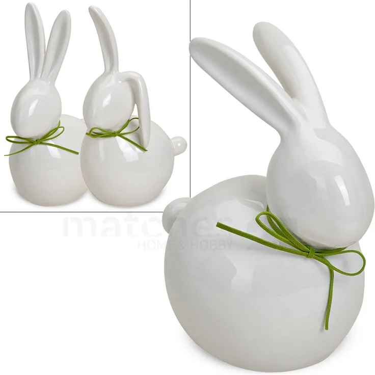 matches21 Moderner Hase Deko-Figur Oster-Dekoration Osterhase weiß grüne Schleife 1 Stk. 3-fach sort. Keramik je 17- 25 cm