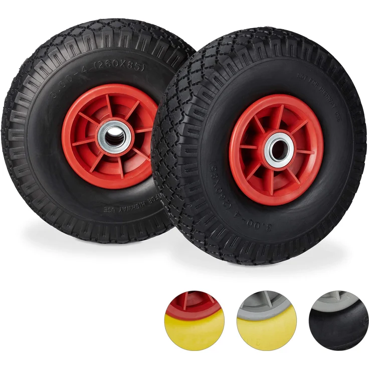 Relaxdays 2x Sackkarrenrad, pannensichere Vollgummireifen, 3.00-4 Zoll, 20 mm Achse, bis 80 kg, 260 x 85 mm, schwarz-rot - Preisvergleich – Bild 1