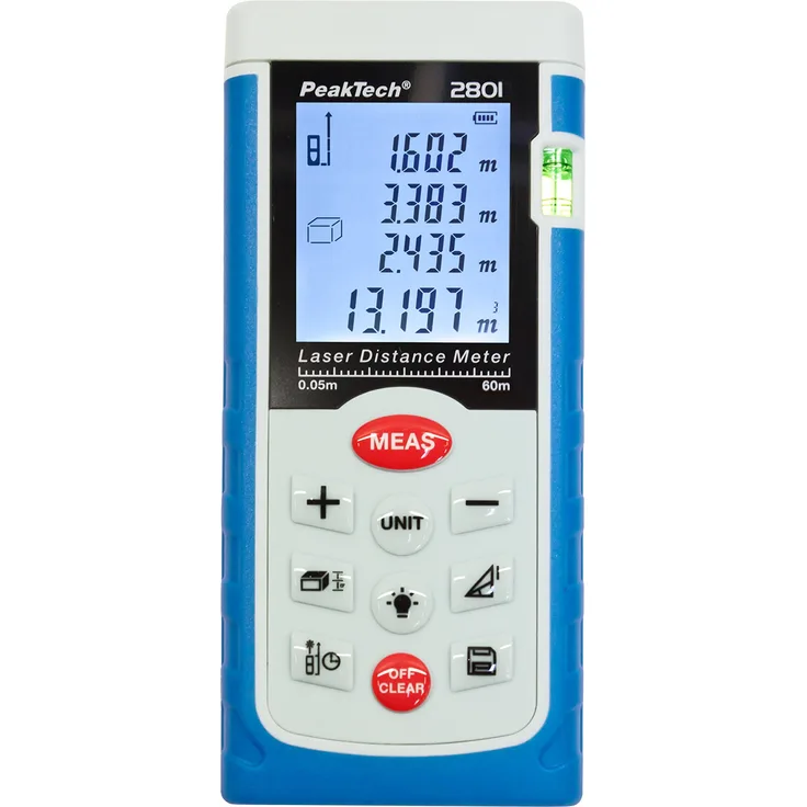 PeakTech Profi Laser- Entfernungsmessgerät 0,05M 60 M - mit Beleuchteter LCD-Anzeige und Wasserwaage, 1 Stück, P 2801