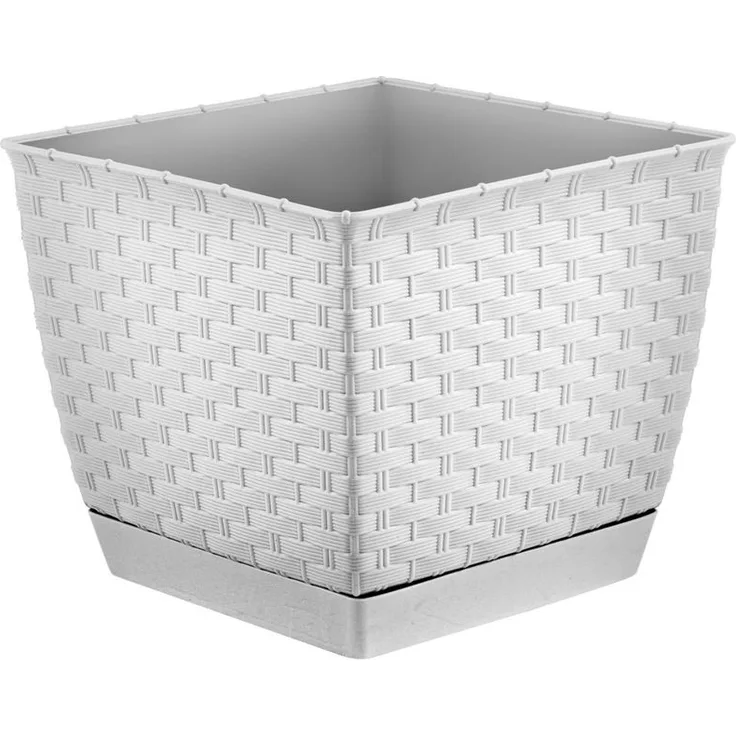 Blumenkübel Rattanoptik mit Untersetzer - weiß - 190 x 190 x 159 mm