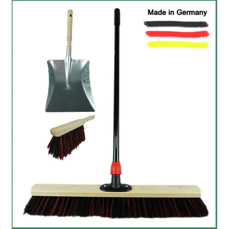 Straßenbesen Set 60 cm I Besen und Kehrblech Handfeger Teleskopstiel I Arenga-Elaston schwarz-rot I mit Stiel ausziehbar I Industriebesen Kehrbesen