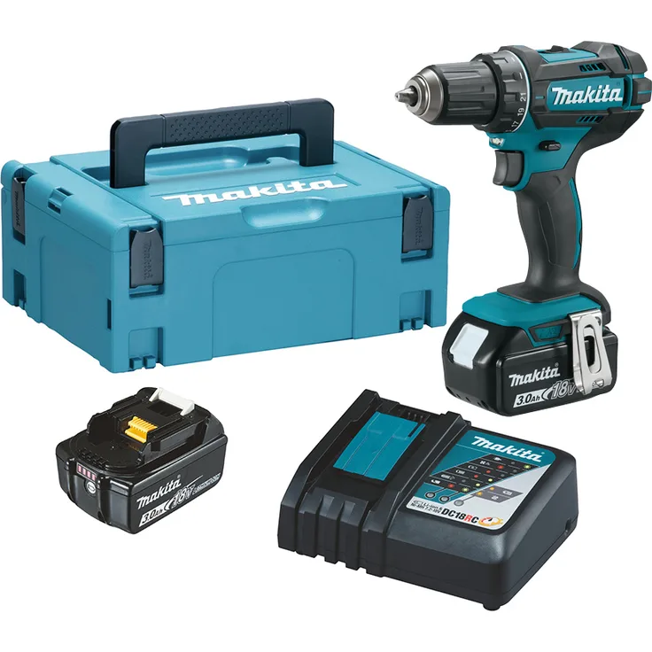 Makita DDF482RFJ Akku-Bohrschrauber 18 V, 2-Gang ,Schnellspannbohrfutter, 54 W, mit 2x 3Ah Akkus, Ladegerät und Makpac