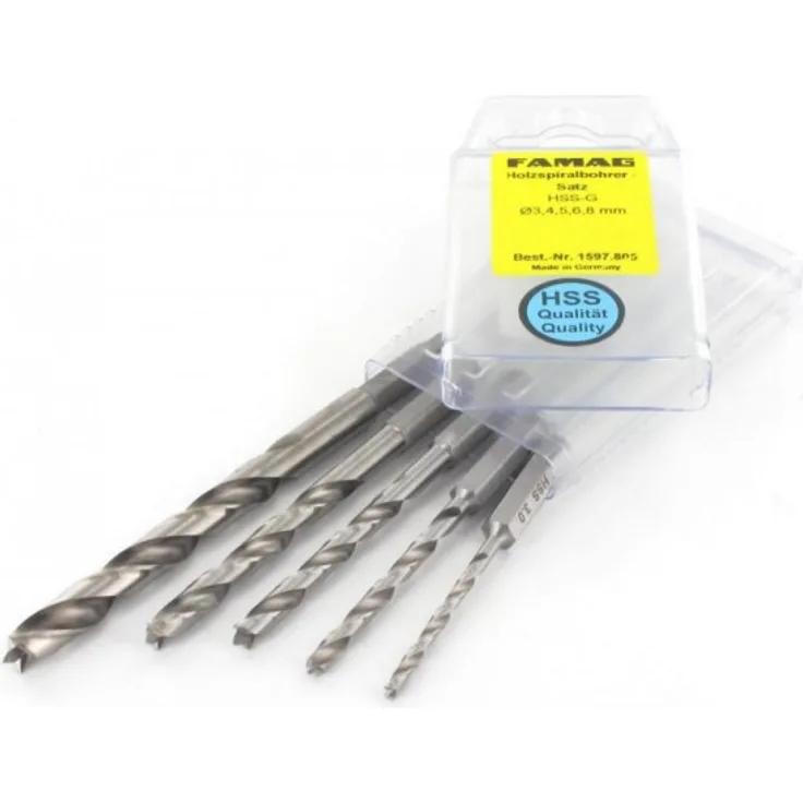 Holzspiralbohrer-Bitsatz lang 5-teilig. Ø 3, 4,5,6 und 8mm. Im Blister.