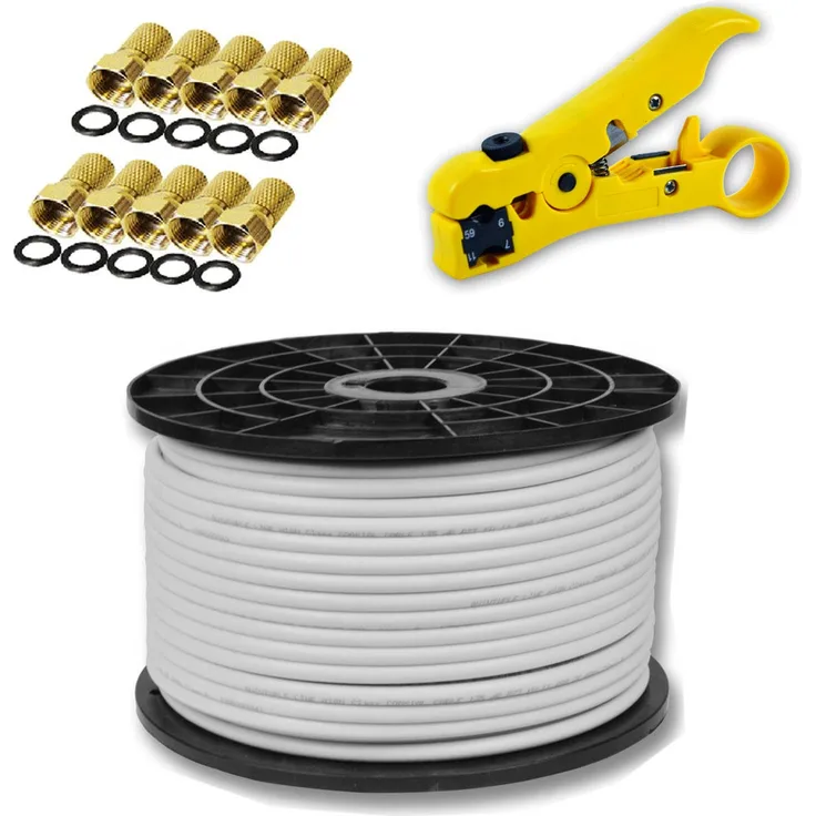 PremiumX 100m 135dB KoaX SAT TV Antennen Koaxial Kabel Set  Abisolierer Abisolierzange Abisolierwerkzeug mit 10x F-Stecker mit Dichtring