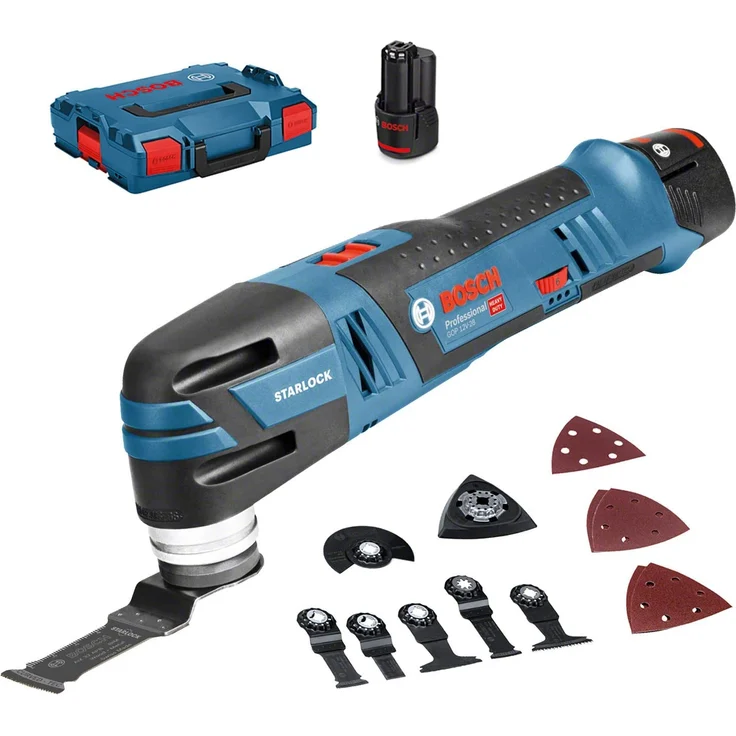 Bosch Professional 12V System Akku Multi Cutter GOP 12V-28 (inkl. 3,0x Ah Akku + Schnellladegerät, 1xDeltaschleifplatte, 5xSchleifblätter, 3xTauchsägeblatt, in L-BOXX) – Bild 1