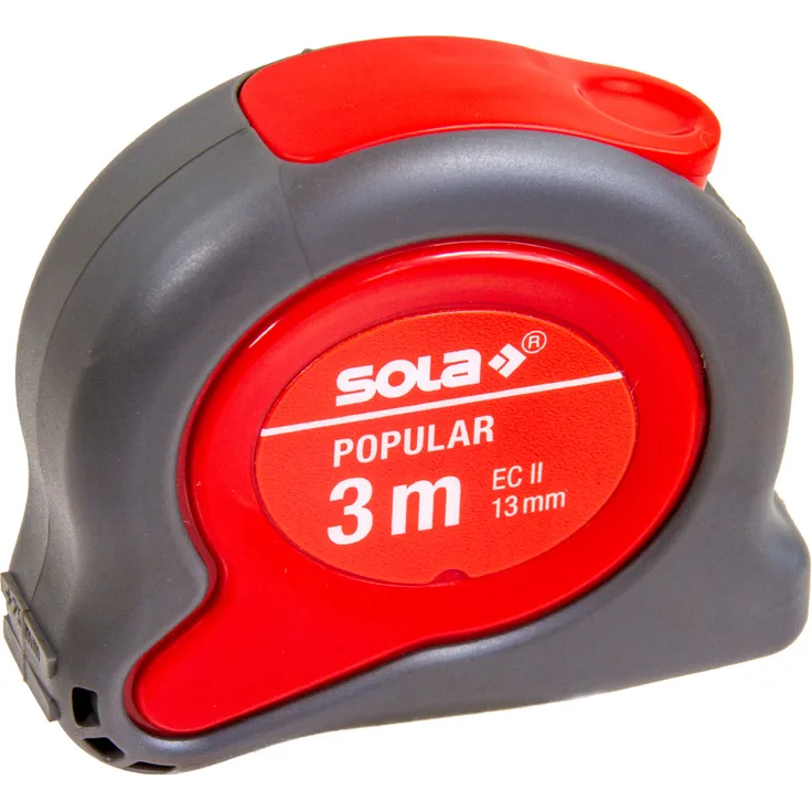 SOLA Bandmaß - POPULAR - 3m - 13mm - Profi-Rollbandmaß mit Gürtelclip - Stahlband, gelb lackiert mit mm Skala - Genauigkeitsklasse II - Rollmeter mit beweglichem Endhaken - Metermaß Länge - 3m - 13mm
