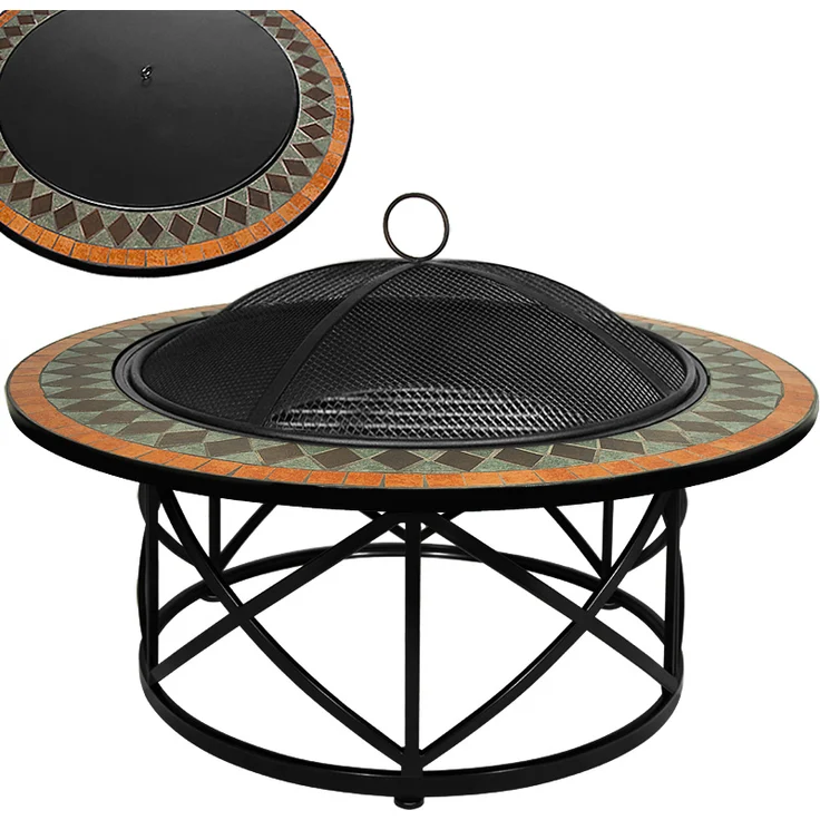 Deuba Feuerstelle Mosaik Sevilla rund 76 cm Feuerrost Funkenfluggitter Abdeckung Feuerschale Feuerkorb Steinoptik – Bild 1