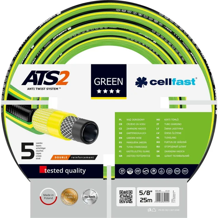 Cellfast Gartenschlauch Green ATS2 series 5-lagiger Wasserschlauch aus hochwertigem Doppelgeflecht mit Kreuz- und Trikotgewebe ATS2 druck- und UV-beständig, 30 bar Berstdruck, 25m, 5-8 zoll, 15-110